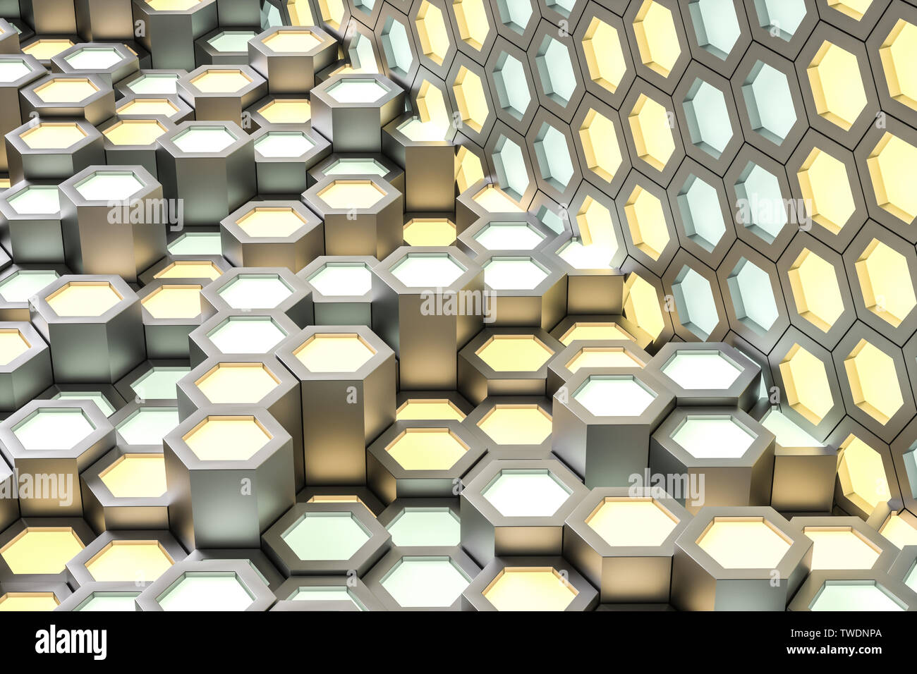 Golden hexagonal metallic background, three-dimensional rendering Stock Photo