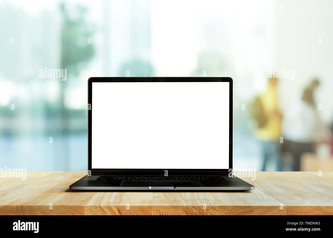 Modern Computer Laptop With Blank Screen On Counter Bar Retail Store Shop And Window View Backgrounds Stock Photo Alamy