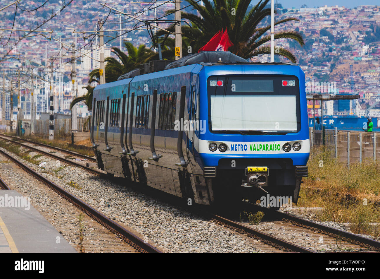 VALPARAISO, CHILE JANUARY 2016 A MERVAL train exiting Portales