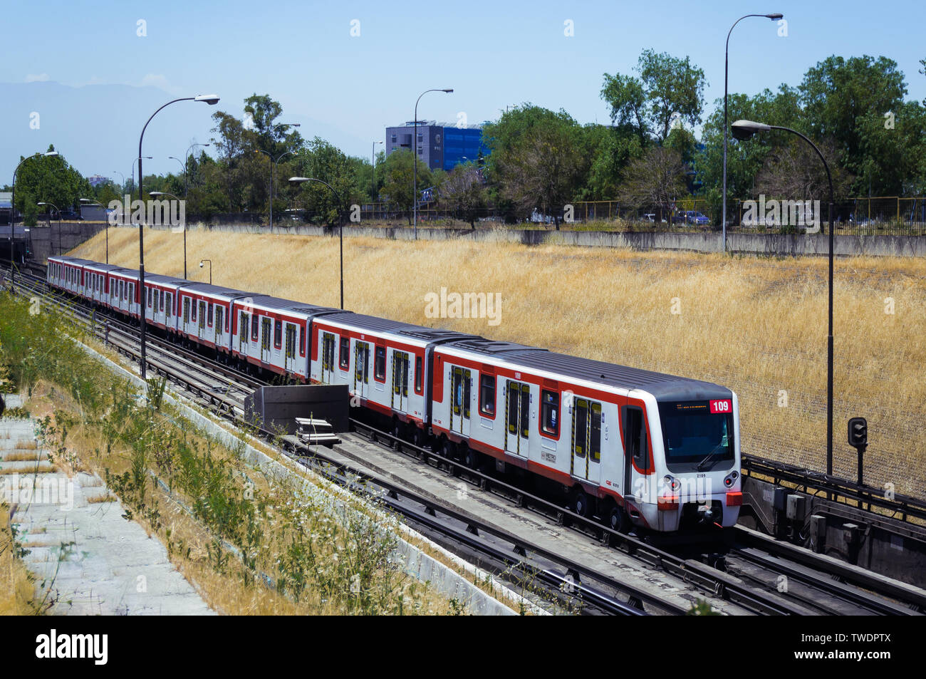 SANTIAGO, CHILE - DECEMBER 2015: A Metro de Santiago train between two stations of Line 1 Stock Photo