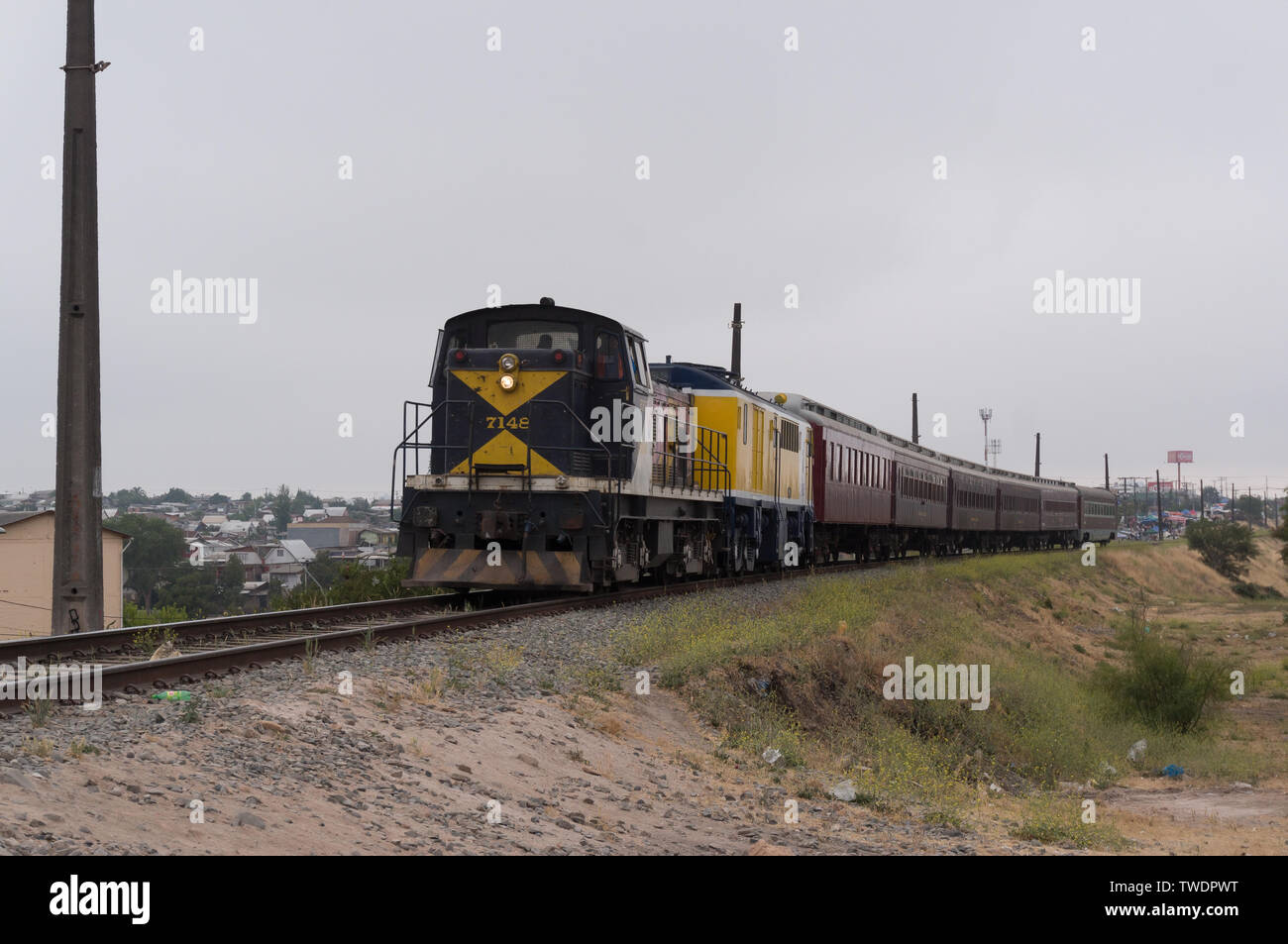SANTIAGO, CHILE - DECEMBER 2015: A special train 'Tren del Recuerdo', that goes from Alameda to San Antonio and is one of the few tourist train that a Stock Photo