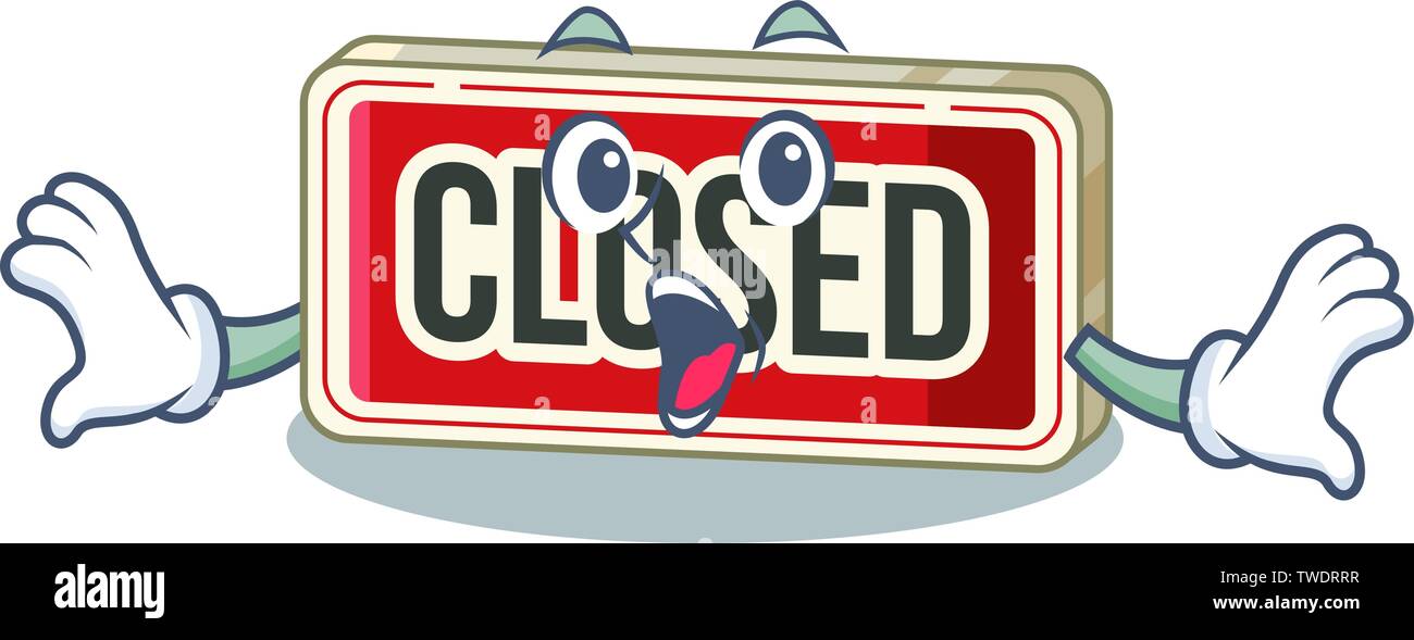 Surprised closed sign attached to cartoon door Stock Vector
