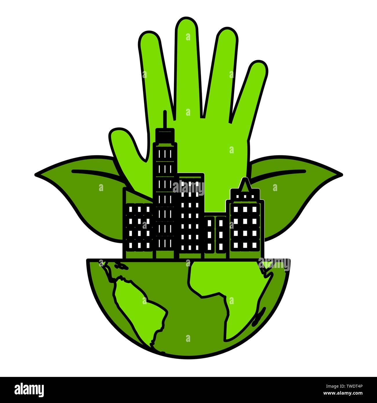 hand with planet city eco friendly environment vector illustration ...