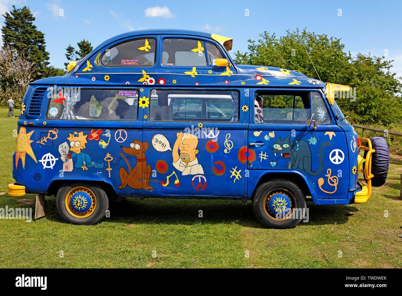 Old VW bus, known as 'Bully', with VW beetle top, painted with motives of the comic telecast 'The Simpsons', Ramsgate, Kent, England, Great Britain Stock Photo