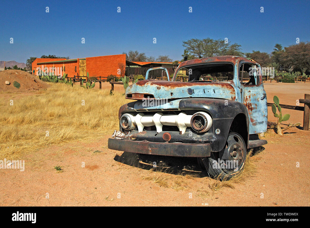 Old truck wreck at the road of the town Solitaire, Namibia, Africa Stock Photo