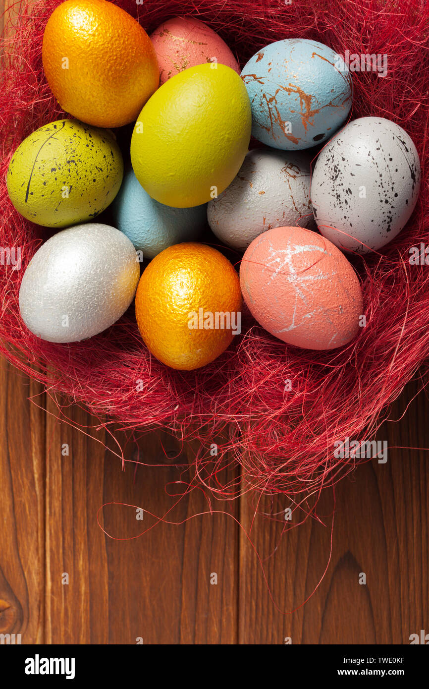 Happy easter! Easter eggs on wooden background Stock Photo