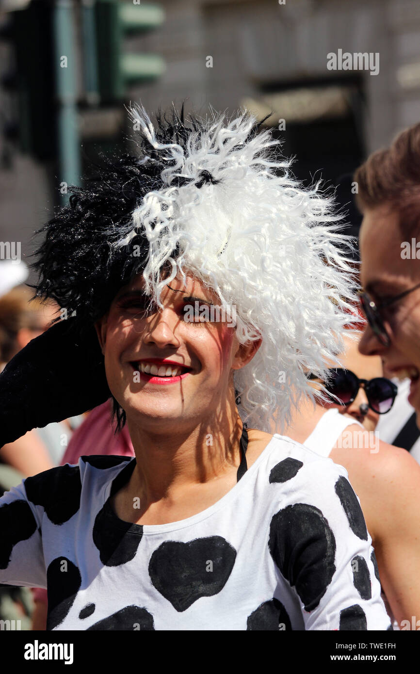 Drag queen dressed as Cruella de Vil at Helsinki Pride Parade 2015 in Helsinki, Finland Stock Photo