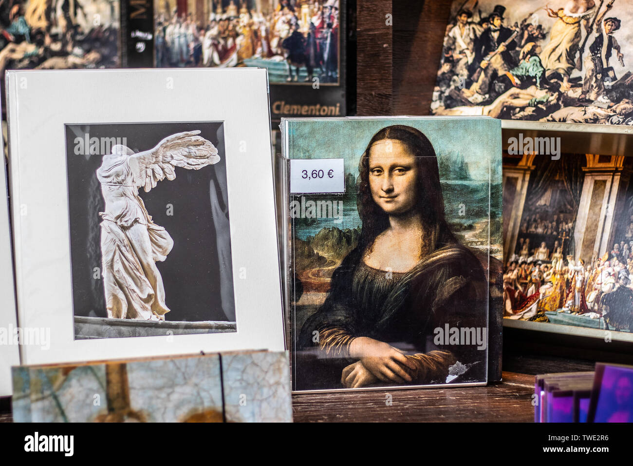 Paris, France, October 07, 2018: Louvre Museum, souvenirs for sale, tourist loot of famous painting Mona Lisa La Gioconda Leonardo da Vinci Stock Photo