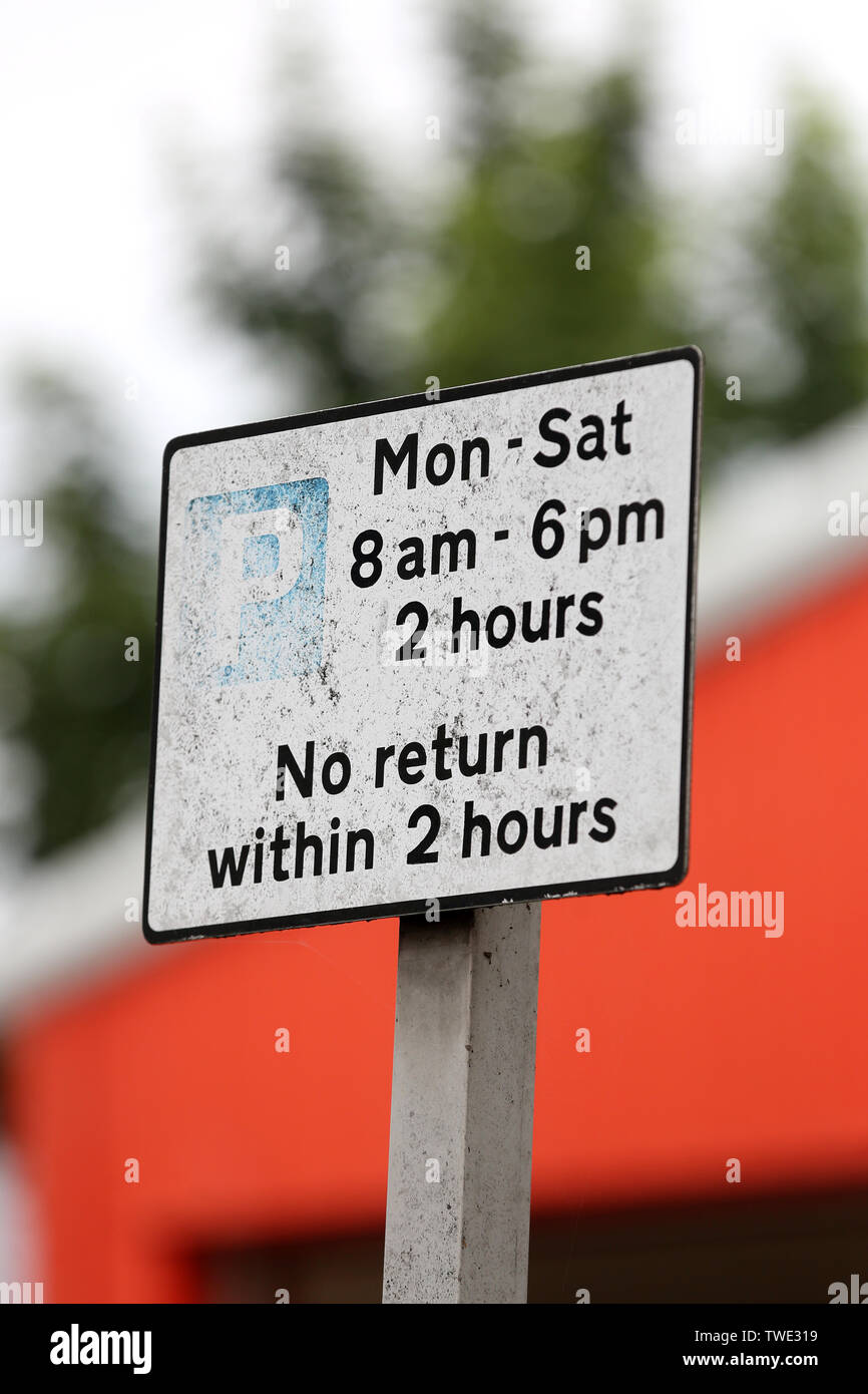 Council parking metre, no return within 2 hours in Chichester, West Sussex, UK. Stock Photo