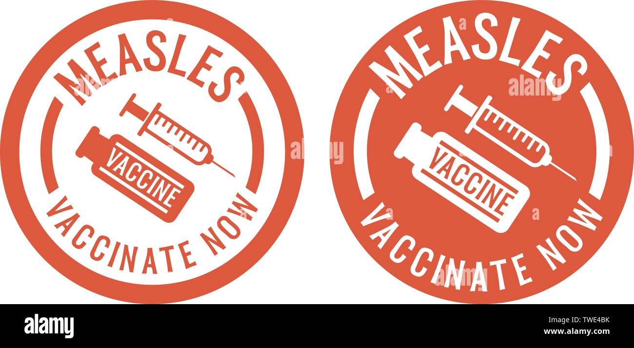 red measles vaccination stickers or stamps with syringe and vaccine icon Stock Vector