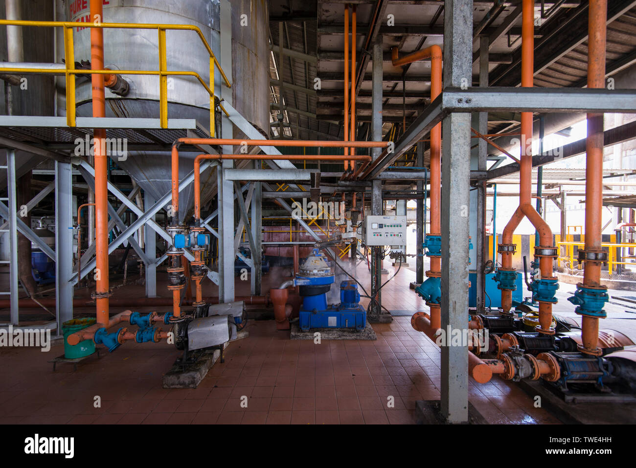 Palm oil processing plant, near Tawau, Sabah, Borneo, East Malaysia. Stock Photo