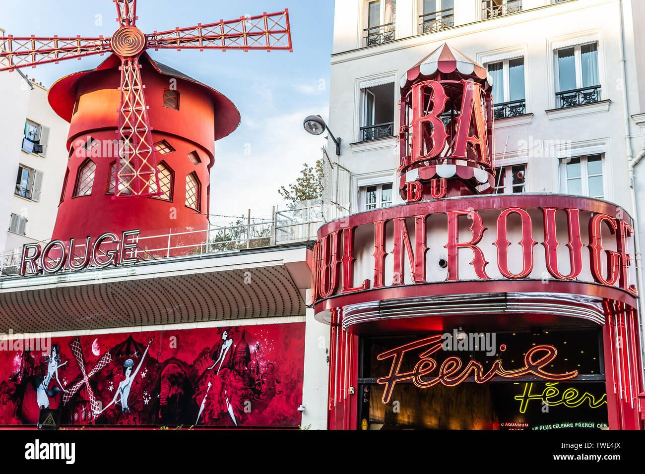 Paris, France, October 09, 2018: The Moulin Rouge famous cabaret built in 1889, locating in Paris red-light district of Pigalle on Boulevard de Clichy Stock Photo