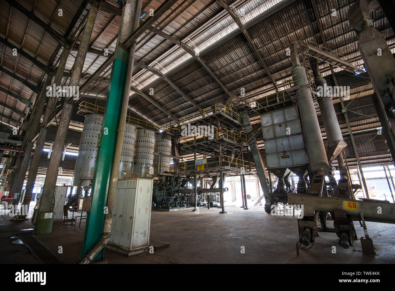 Palm oil processing plant, near Tawau, Sabah, Borneo, East Malaysia. Stock Photo