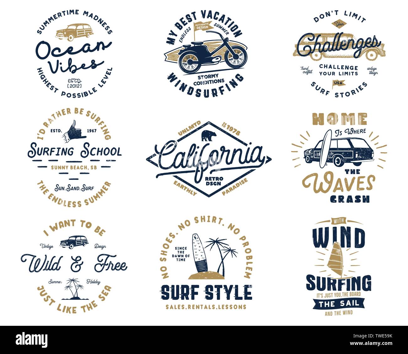 Vintage Surfing Graphics Set And Emblems For Web Design Or Print