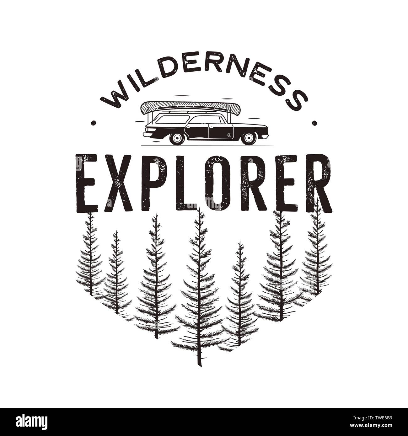 Wilderness Explorer logo with camp car and pine trees forest ...