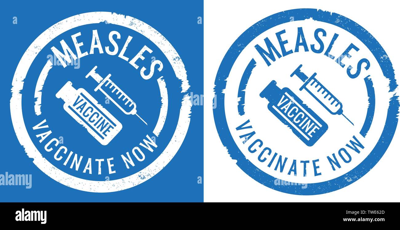 blue measles vaccination rubber stamp prints with syringe and vaccine icon Stock Vector