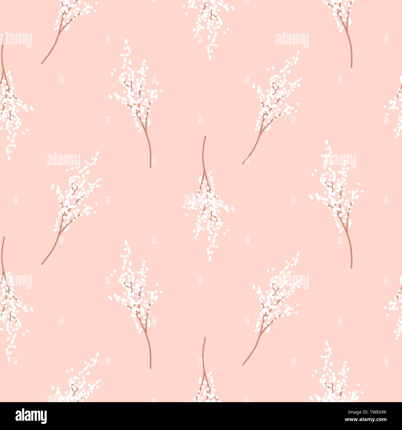 Bird cherry tree branches seamless blossom light pattern vector design. Stock Vector