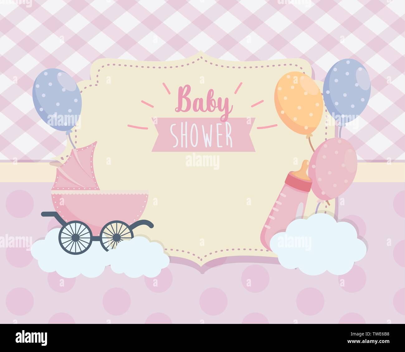 Label Of Feeding Bottle With Balloons And Clouds Decoration To