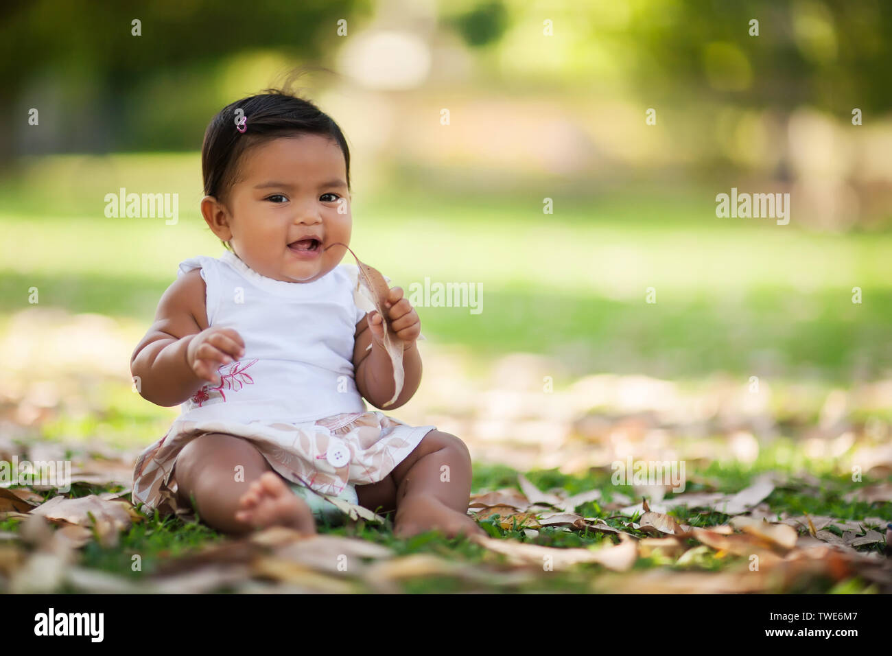 Little baby girl with a smile and grasping a dried leaf and putting it to her mouth for chewing. Stock Photo