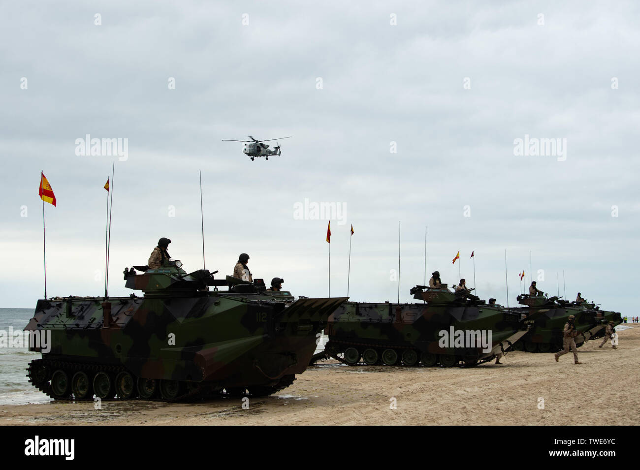 190616-N-MD802-1213 KLAIPEDA, Lithuania (June 16, 2019) Spanish amphibious assault vehicles (AAV) carry Spanish marines, assigned to 2nd Batallon De Desembarco, Brigada De Infanteria De Marina (2nd Landing Battalion, Marine Infantry Brigade) take part in an amphibious assault for exercise Baltic Operations (BALTOPS) 2019. BALTOPS is the premier annual maritime-focused exercise in the Baltic Region, marking the 47th year of one of the largest exercises in Northern Europe enhancing flexibility and interoperability among allied and partner nations. (U.S. Navy photo by Mass Communication Specialis Stock Photo
