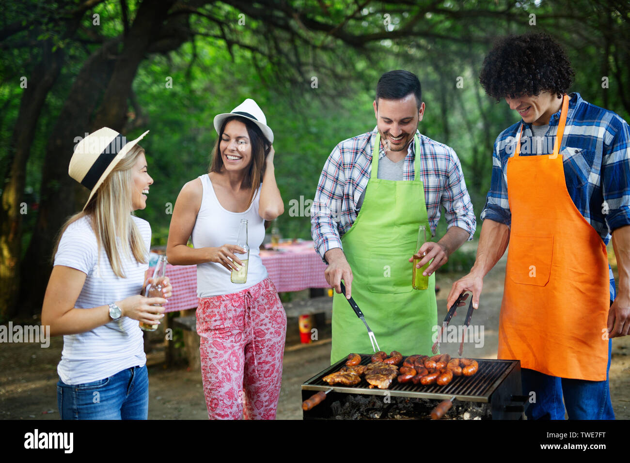 Group of friends having a barbecue party in nature Stock Photo - Alamy