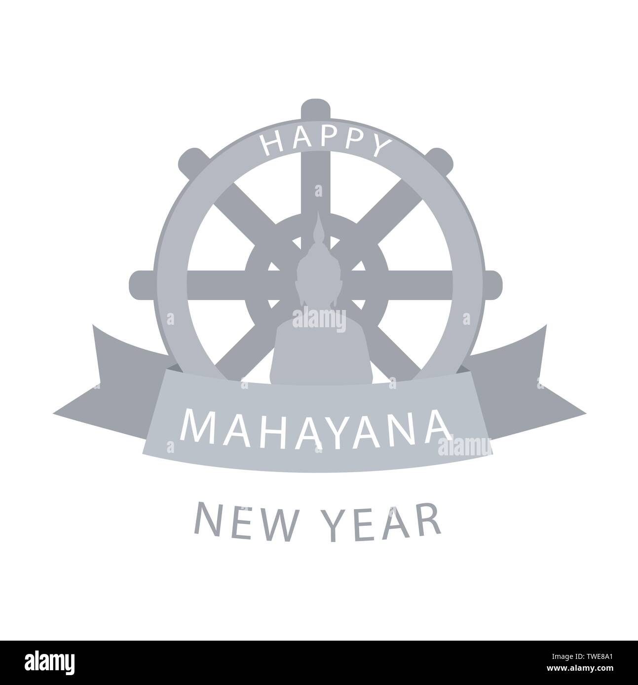 Wheel of Dharma and Buddhist new year Mahayana greetings- Buddha sitting in lotus position Stock Vector