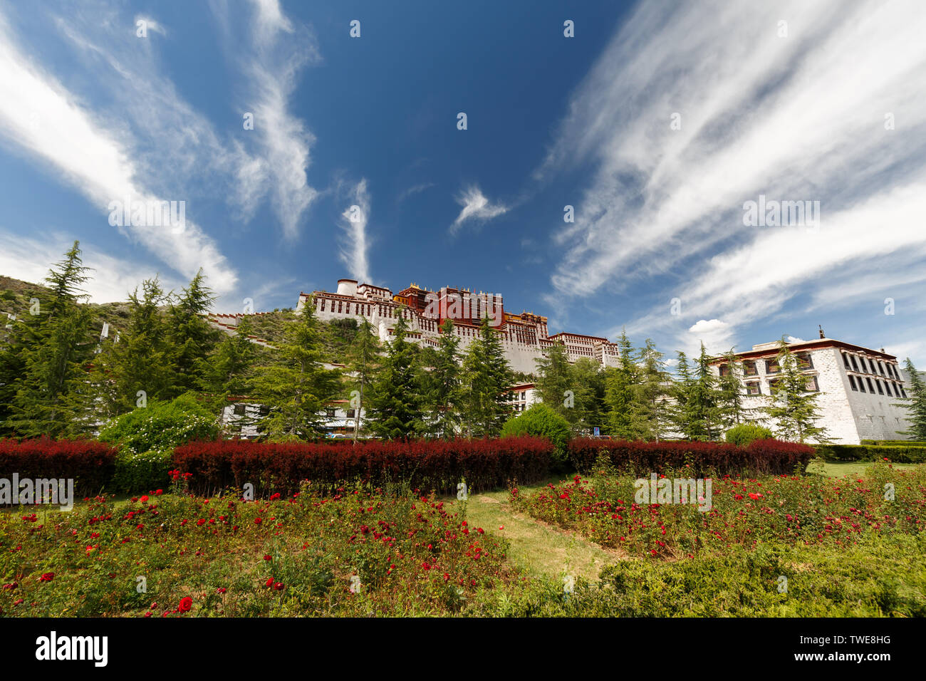 Side view on Potala Palace with blue sky, flower beds and cloudy sky. The construction of the palace was completed in 1648. Popular travel destination Stock Photo