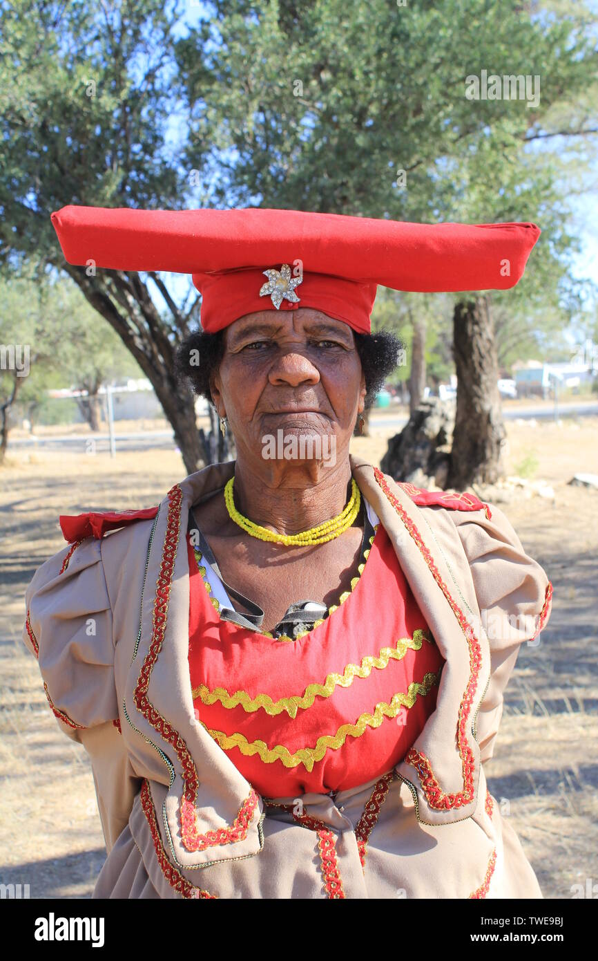 Okahandja, Namibia. 04th June, 2019. The Herero woman Veronika Uazapi  Kandambo (75) wears the Victorian costume of her tribe. Her skin colour is  slightly lighter than usual in Namibia because her grandmother