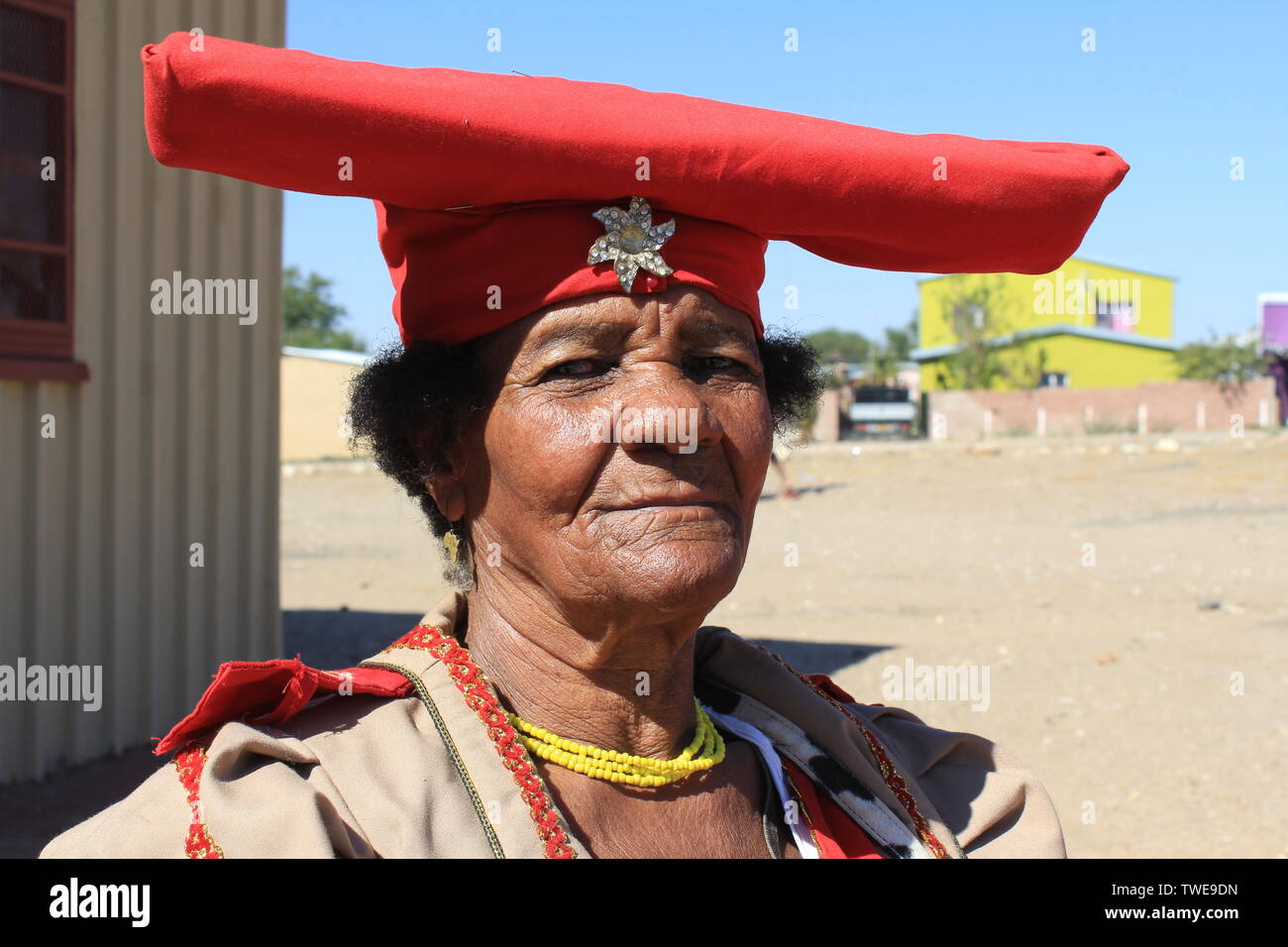 Okahandja, Namibia. 04th June, 2019. The Herero woman Veronika Uazapi  Kandambo (75) wears the Victorian costume of her tribe. Her skin colour is  slightly lighter than usual in Namibia because her grandmother