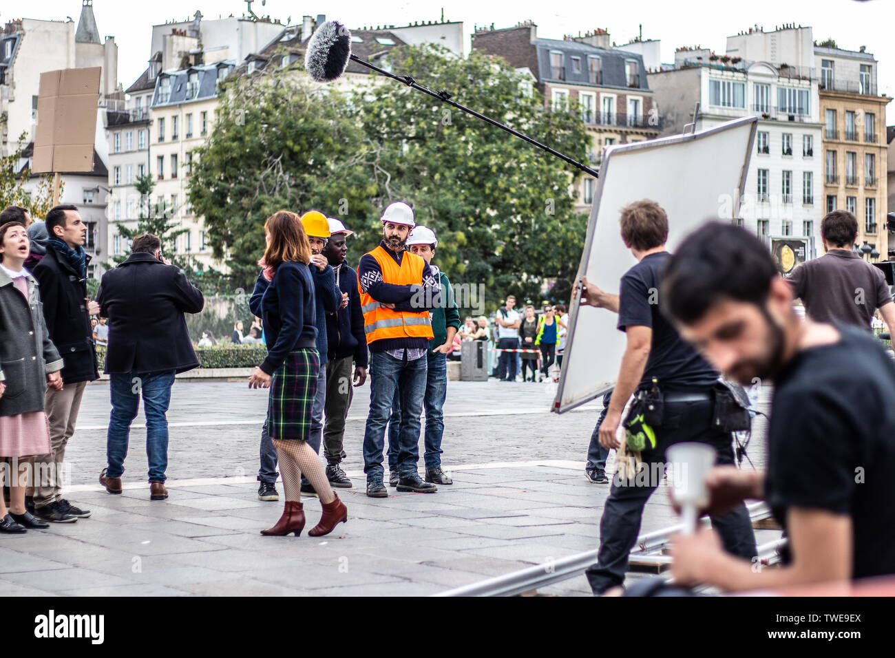 Paris, France, October 11, 2018: film set production, near Notre-Dame ...