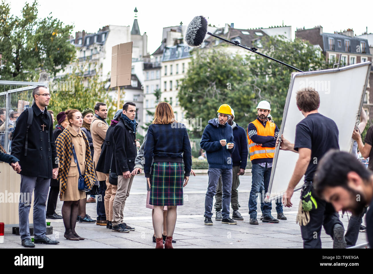 Paris, France, October 11, 2018: film set production, near Notre-Dame ...