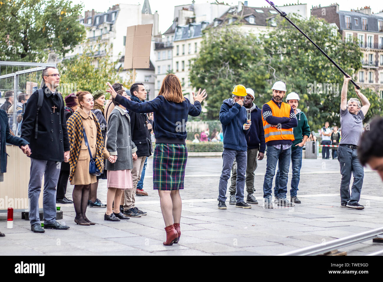 Paris, France, October 11, 2018: film set production, near Notre-Dame ...