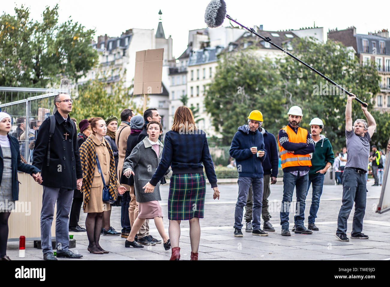 Paris, France, October 11, 2018: film set production, near Notre-Dame ...