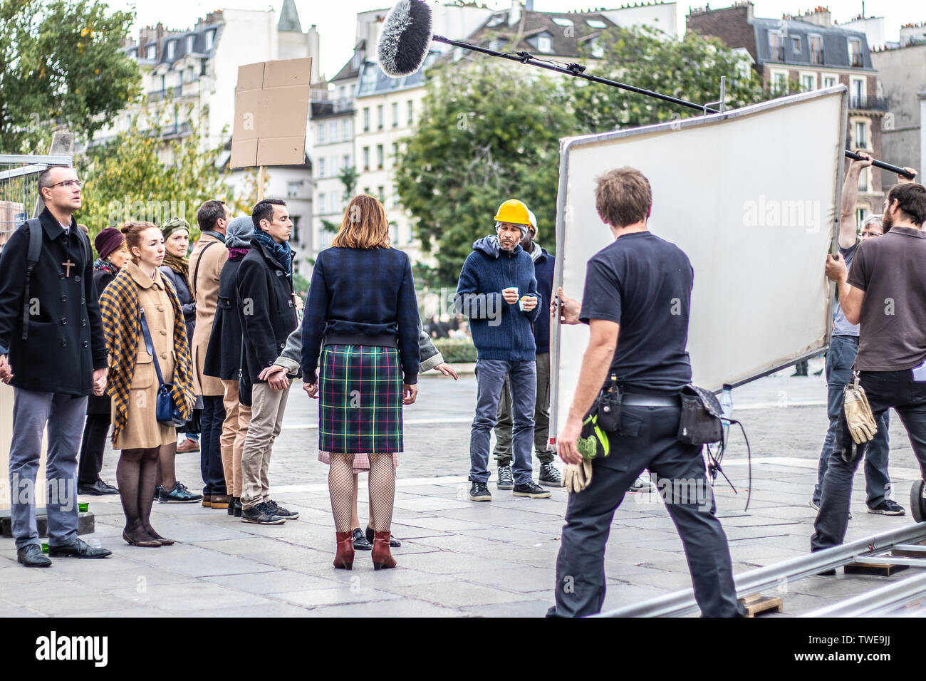 Paris, France, October 11, 2018: film set production, near Notre-Dame ...