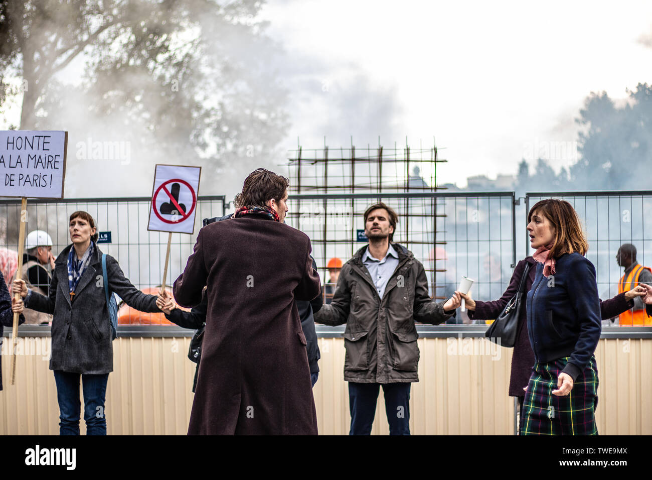Paris, France, October 11, 2018: film set production, near Notre-Dame ...