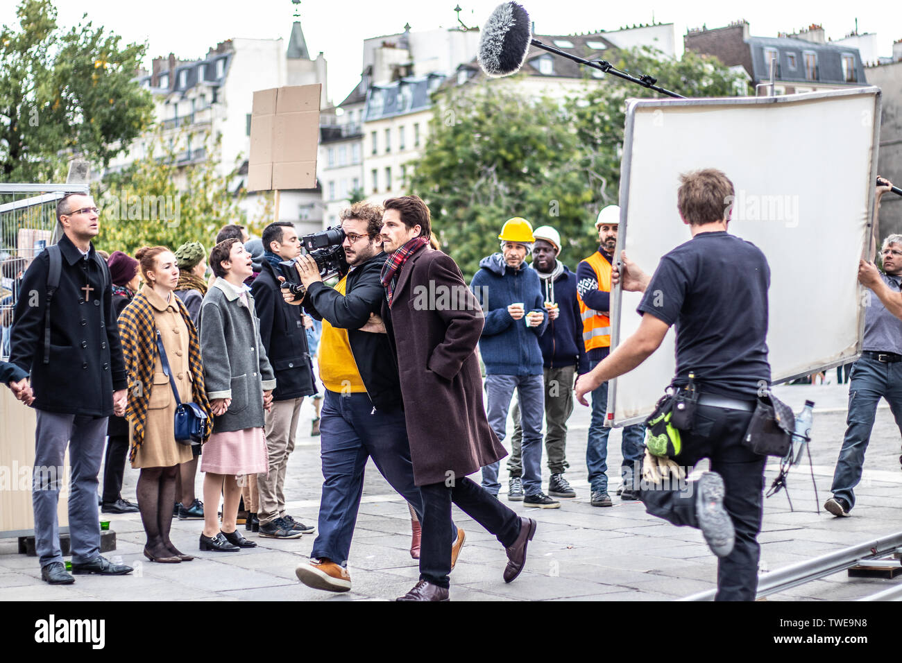 Paris, France, October 11, 2018: film set production, near Notre-Dame ...