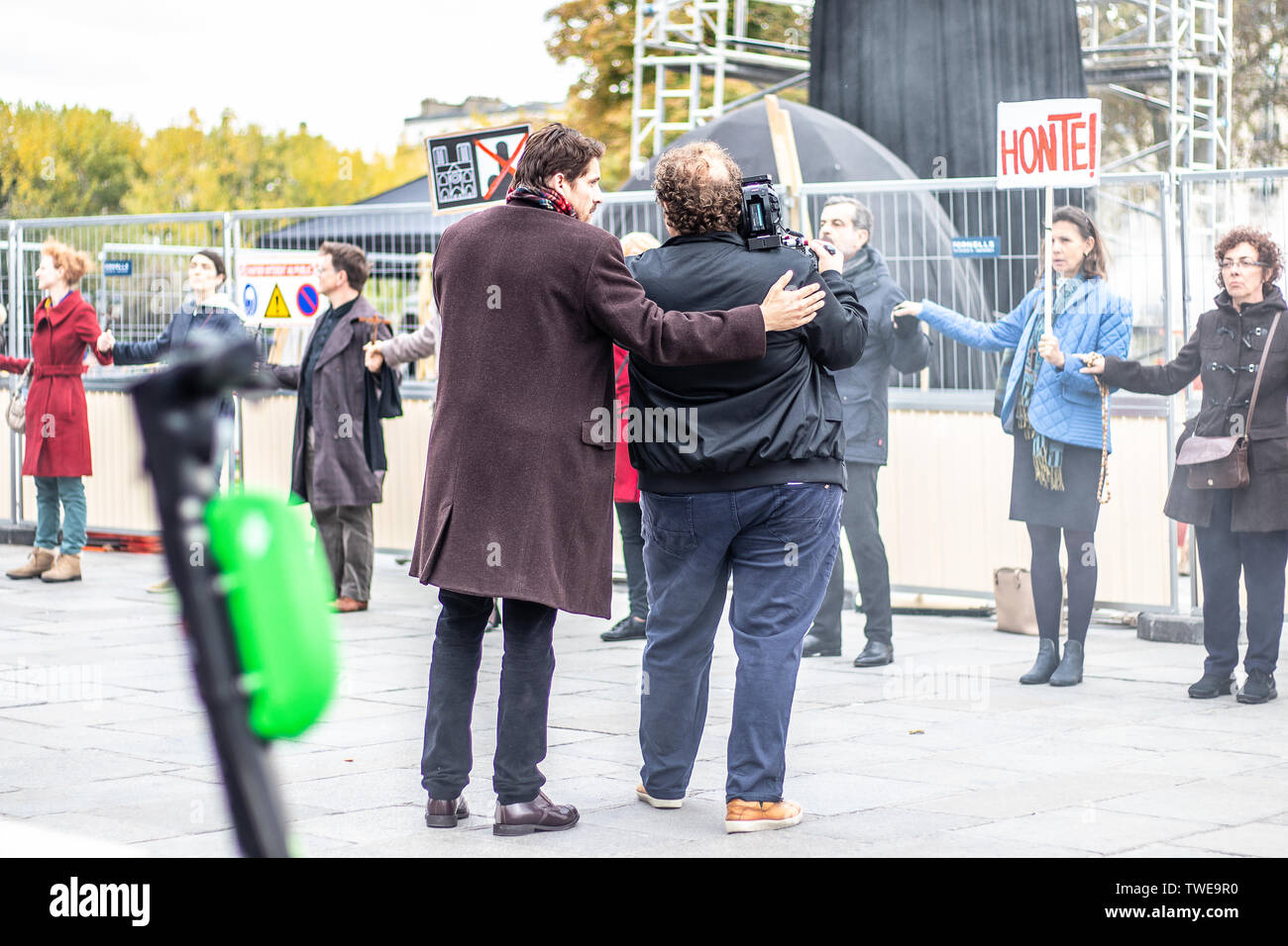 Paris, France, October 11, 2018: film set production, near Notre-Dame ...