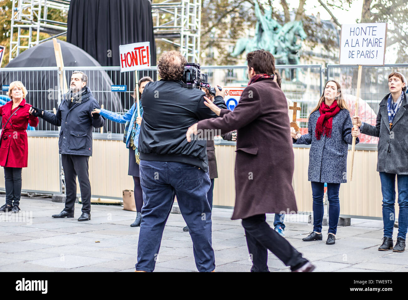 Paris, France, October 11, 2018: film set production, near Notre-Dame ...