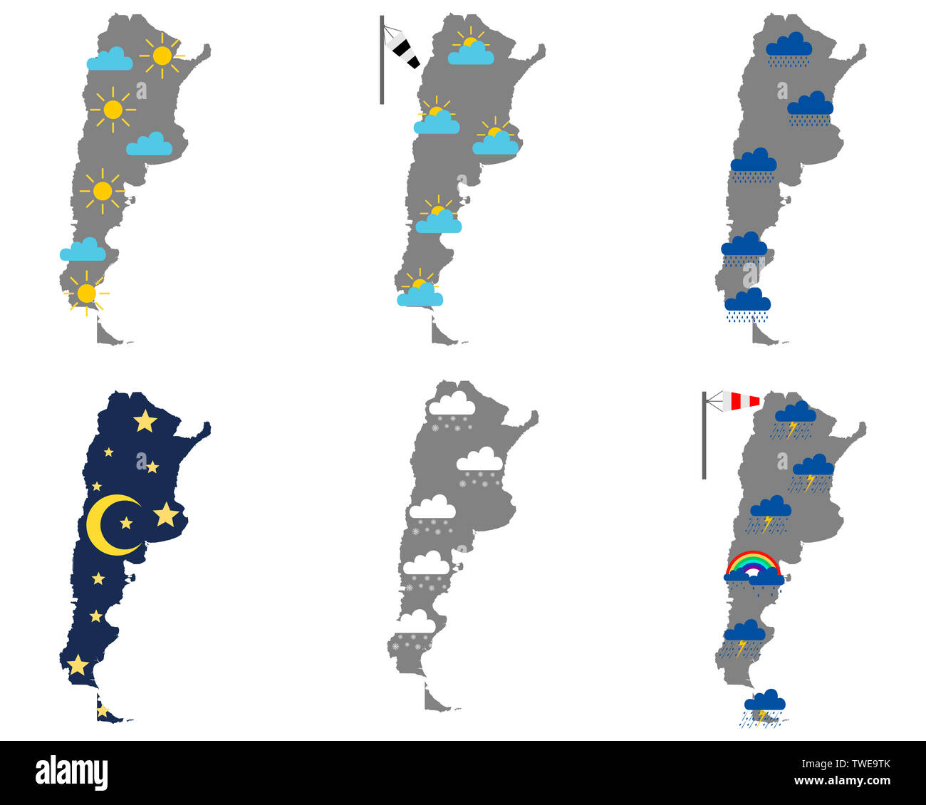 Maps of Argentina with various weather symbols Stock Photo Alamy