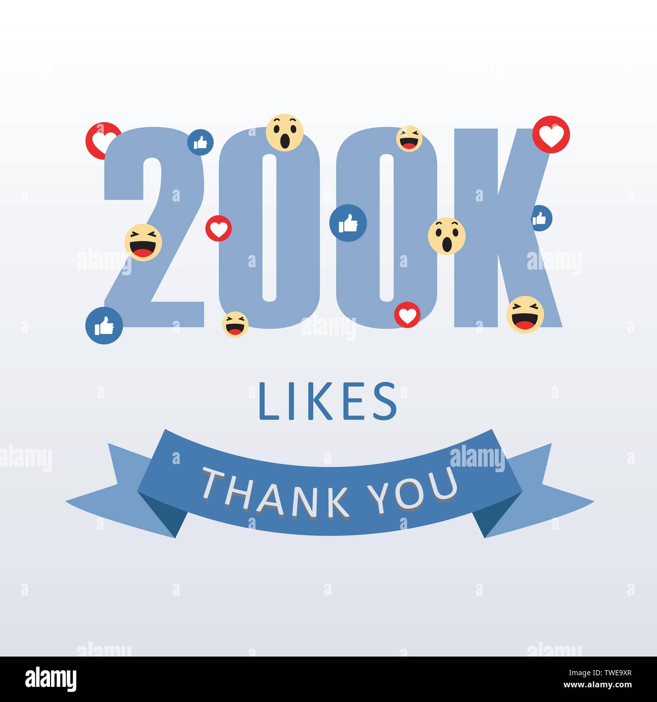 200 K Likes Thank you number with emoji and heart- social media gratitude ecard Stock Vector