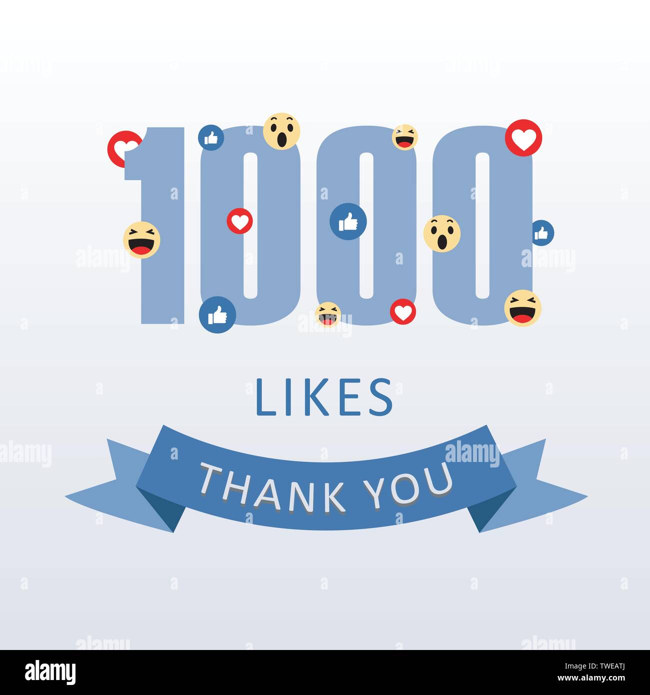 1000 Likes Thank you number with emoji and heart- social media gratitude ecard Stock Vector