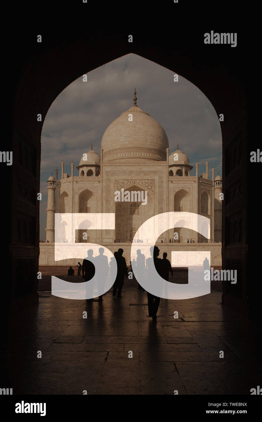 5G text on Taj Mahal India background. Stock Photo