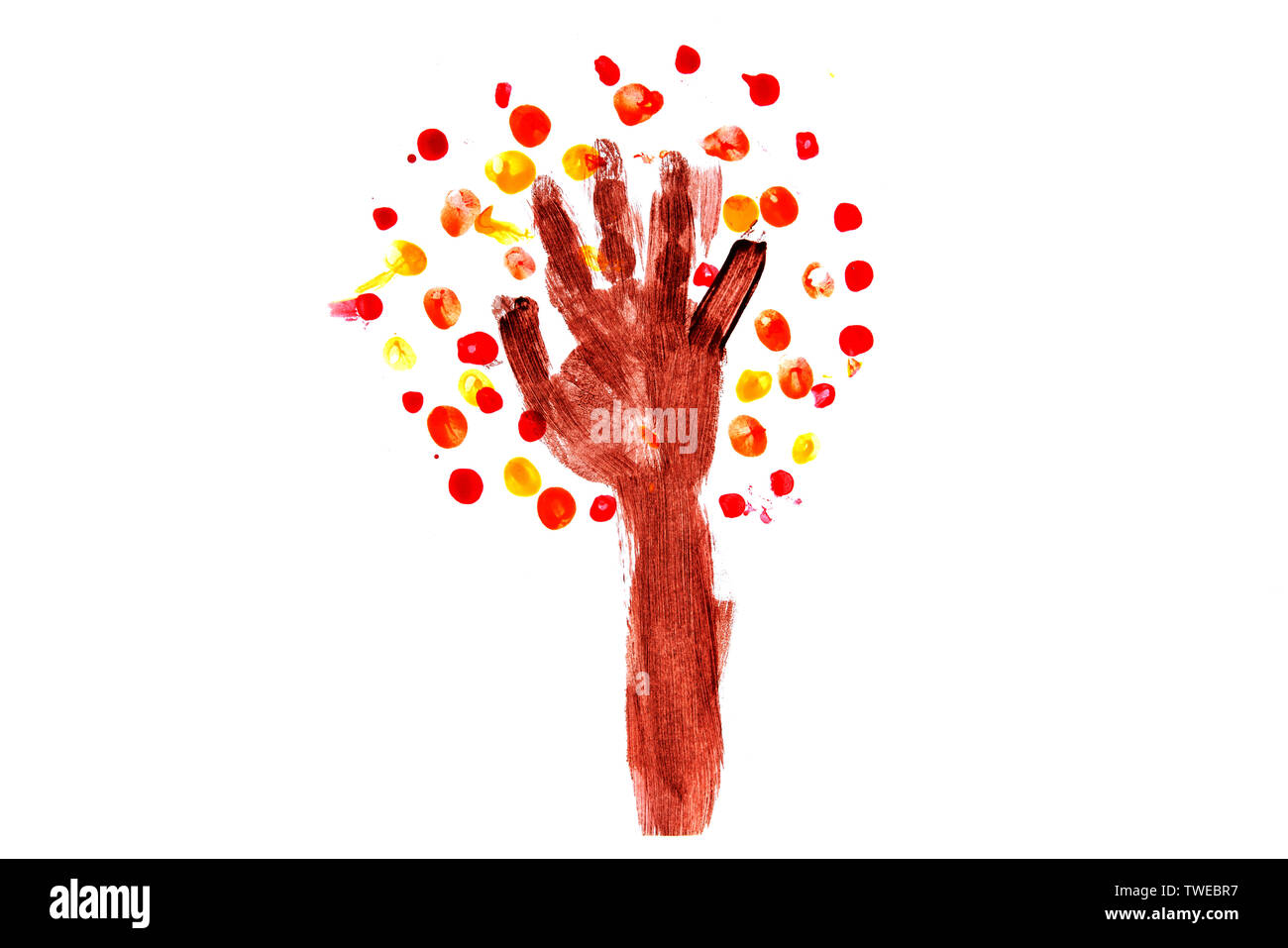 Child artwork, hand printed tree on plain background. Stock Photo