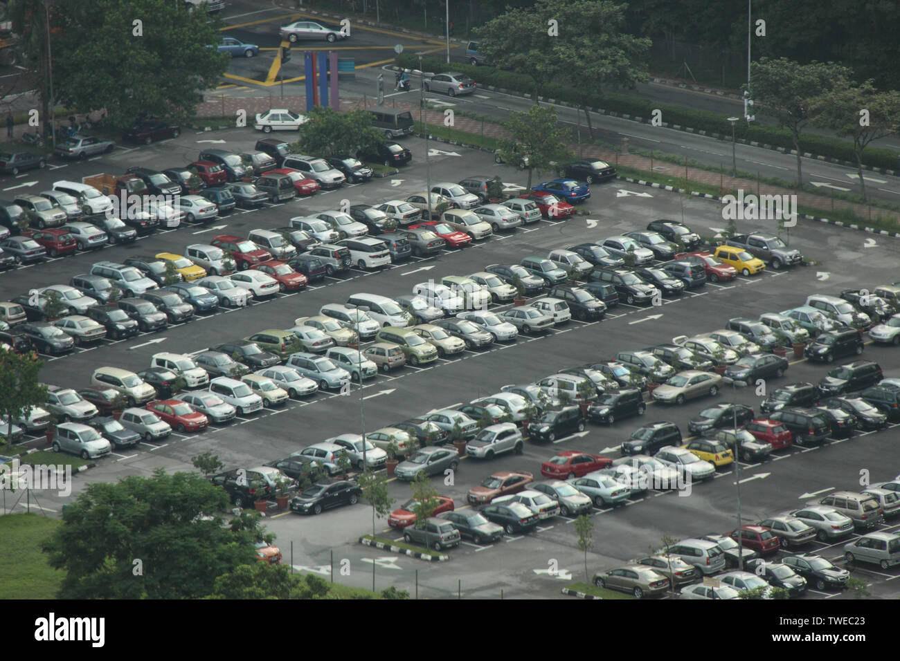 High angle view of cars parked in a parking lot Stock Photo