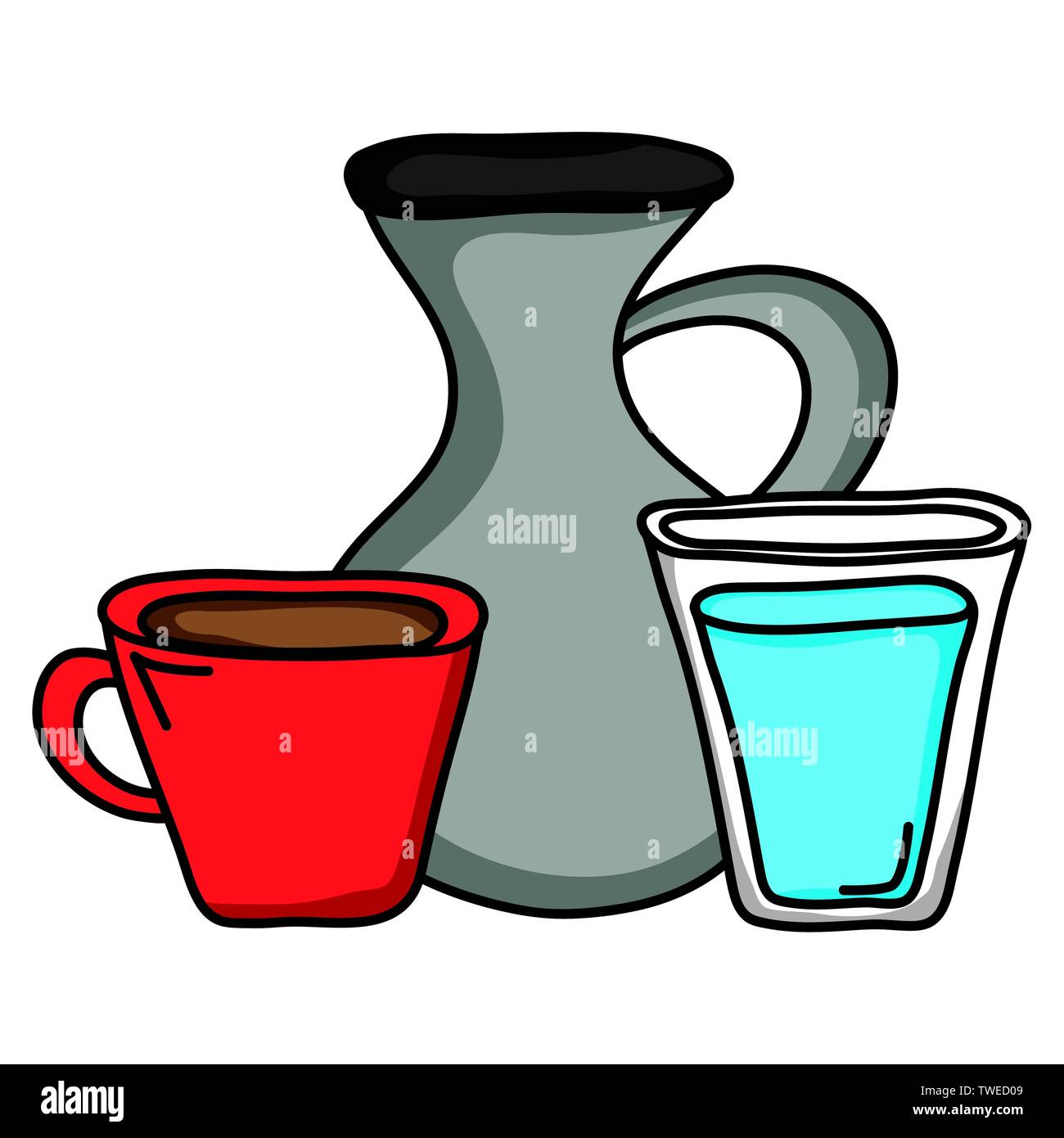 jar canteen with cup beverage and water glass vector illustration