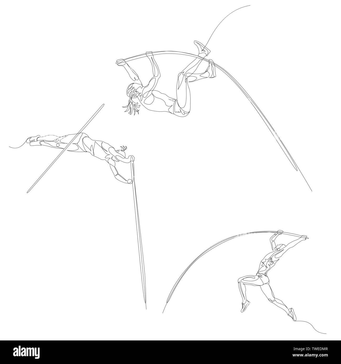 Continuous one line pole vaulting set. Summer Olympic Games. Vector