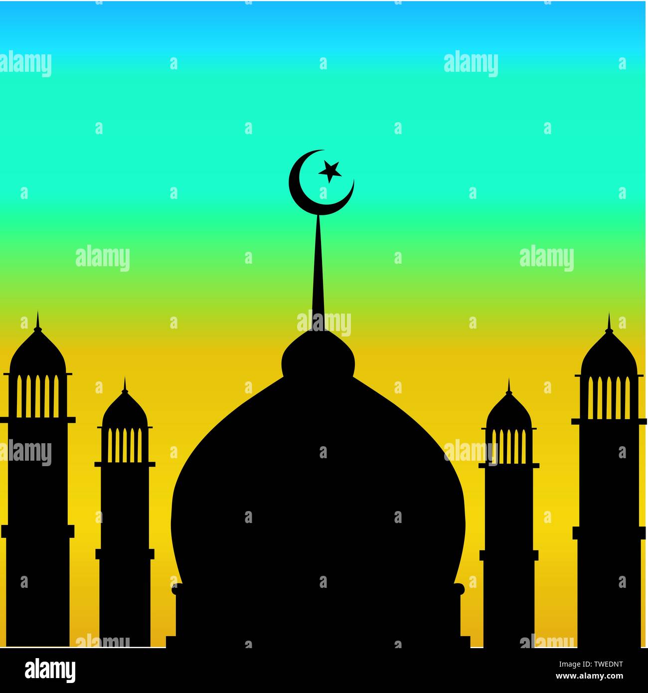Mosque dome and minaret silhouette with moon during sunset Stock Vector