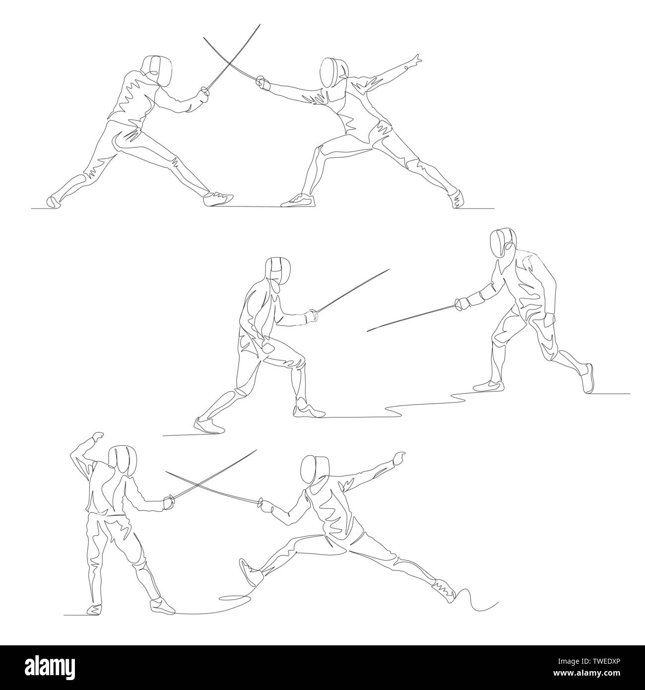 Continuous one line fencer set. Summer Olympic Games. Vector Stock Vector