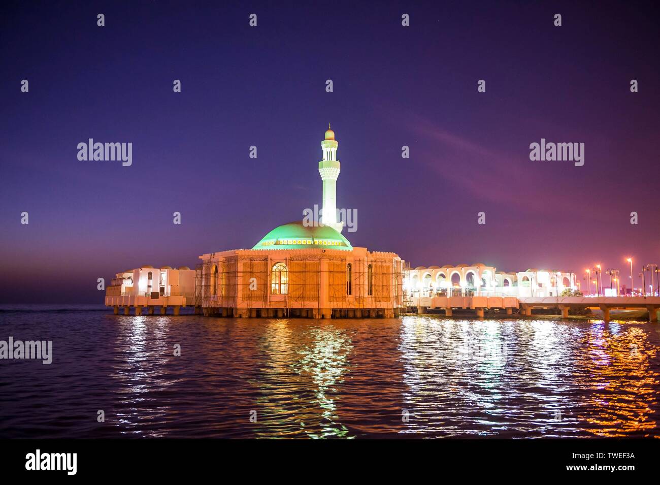 Night shot of Al Rahma Mosque or Floating mosque, Jeddah, Saudi Arabia Stock Photo