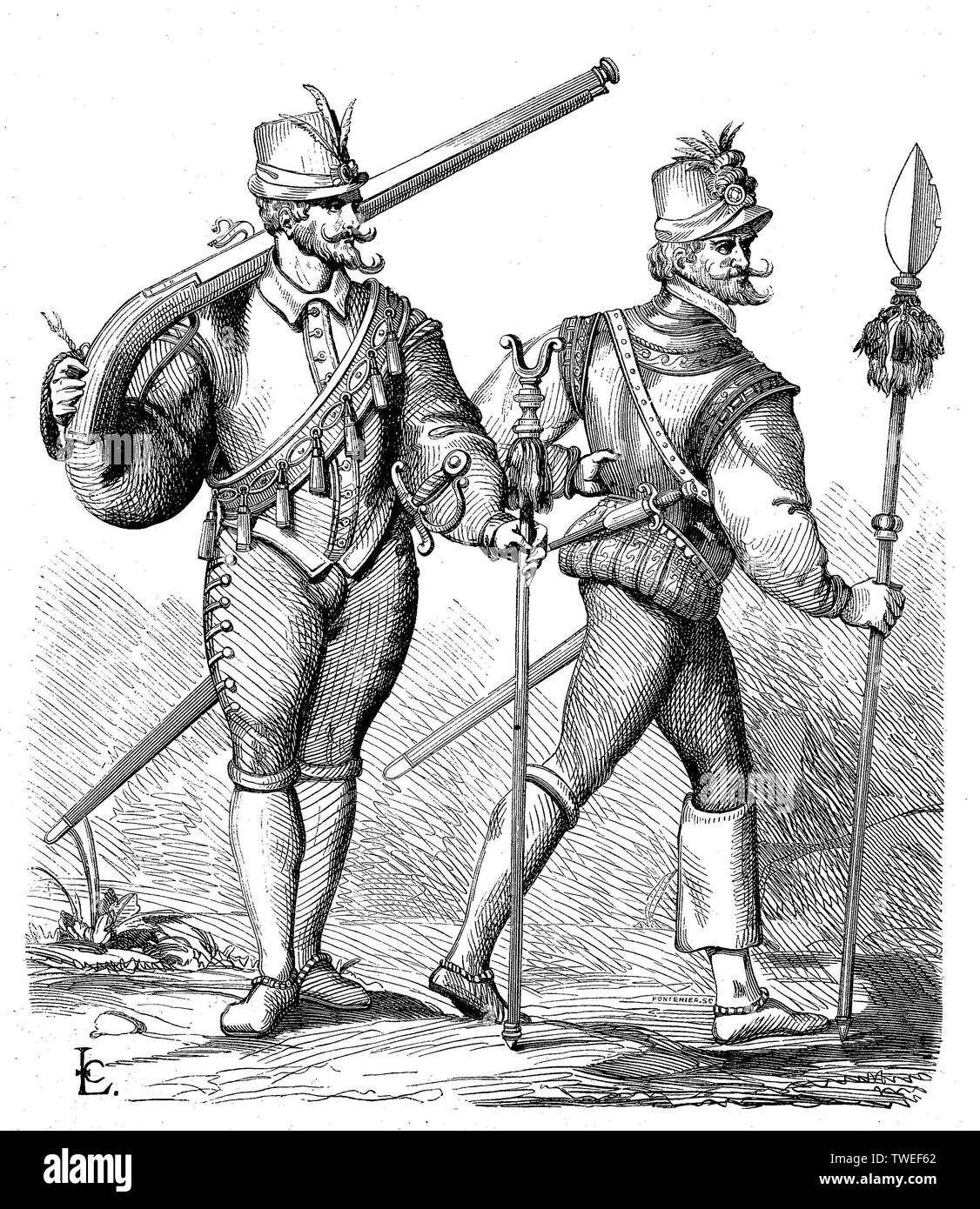 Musketeer and officer of the infantry, 16th century, 1875, historical woodcut, France Stock Photo